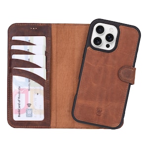 Funda de cuero marrón vintage hecha a mano para iPhone 15 y 16, funda tipo billetera magnética desmontable para iPhone 15 y 16