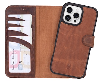 Handgjort brunt läderplånboksfodral till iPhone 15/16, RFID-blockerande, anpassningsbart