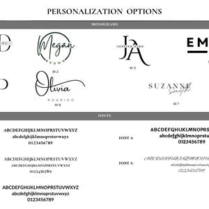May include: A black and white image showing different monogram and font options for personalization. The image includes seven different monogram styles and five different font styles. The text in the image reads "Personalization Options", "Monograms", "Fonts", "Font 1", "Font 2", "Font 3", "Font 4", "Font 5", "ABCDEFGHIJKLMNOPRSTUVWXYZ abcdefghijklmnopqrstuvwxyz 0123456789", "ABCDEFGHIJKLMNOPRSTUVWXYZ abcdefghijklmnopqrstuvwxyz 0123456789", "ABCDEFGHIJKLMNOPRSTUVWXYZ abcdefghijklmnopqrstuvwxyz 0123456789", "ABCDEFGHIJKLMNOPRSTUVWXYZ abcdefghijklmnopqrstuvwxyz 0123456789", "ABCDEFGHIJKLMNOPRSTUVWXYZ abcdefghijklmnopqrstuvwxyz 0123456789".