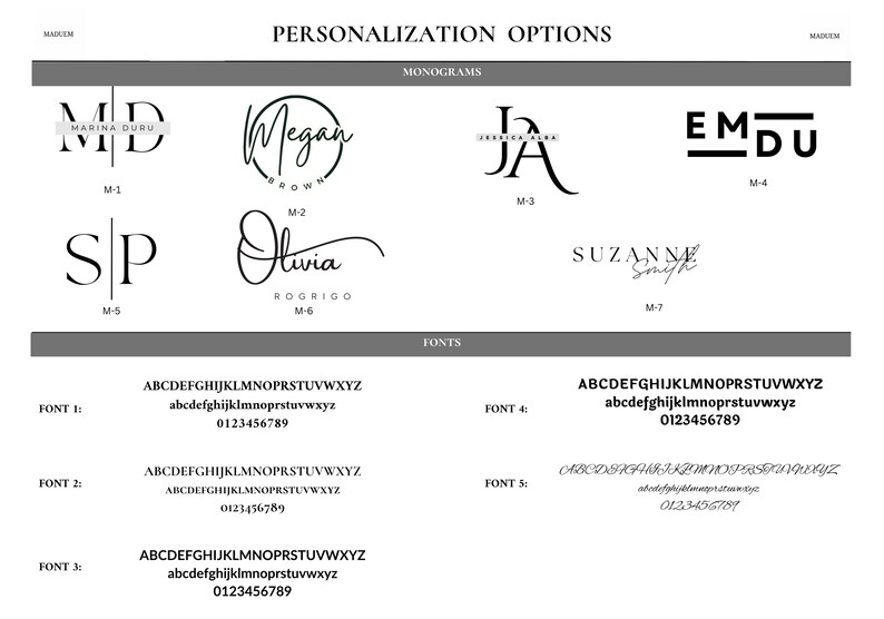 May include: A black and white image showing different monogram and font options for personalization. The image includes seven different monogram styles and five different font styles. The text in the image reads "Personalization Options", "Monograms", "Fonts", "Font 1", "Font 2", "Font 3", "Font 4", "Font 5", "ABCDEFGHIJKLMNOPRSTUVWXYZ abcdefghijklmnopqrstuvwxyz 0123456789", "ABCDEFGHIJKLMNOPRSTUVWXYZ abcdefghijklmnopqrstuvwxyz 0123456789", "ABCDEFGHIJKLMNOPRSTUVWXYZ abcdefghijklmnopqrstuvwxyz 0123456789", "ABCDEFGHIJKLMNOPRSTUVWXYZ abcdefghijklmnopqrstuvwxyz 0123456789", "ABCDEFGHIJKLMNOPRSTUVWXYZ abcdefghijklmnopqrstuvwxyz 0123456789".