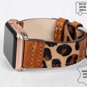 Correa de cuero con estampado de leopardo para Apple Watch – Hecha a mano, compatible con todas las series.