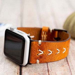 Brown Premium Genuine Leather Apple Watch Band With White Stitches for Women and Men iWatch Bracelet for All Series image 6