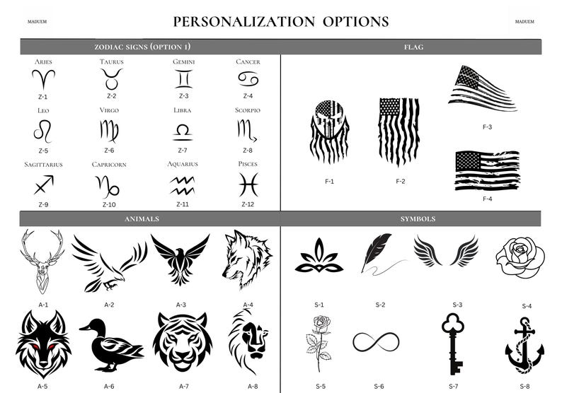 Może przedstawiać: Grafika z opcjami personalizacji, w tym znakami zodiaku, flagami, zwierzętami i symbolami. Obraz przedstawia projekty takie jak orzeł, wilk i klucz, każdy z kodem wyboru. Tekst "OPCJE PERSONALIZACJI" znajduje się na g&oacute;rze.