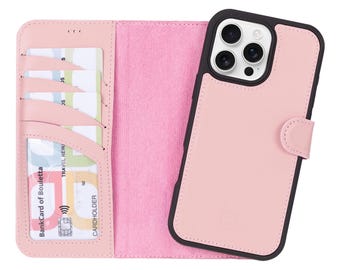 Handgjort rosa läderfodral för iPhone: Magnetisk avtagbar folio