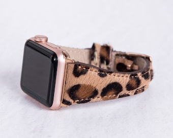 Leopardmönstrat läderarmband för Apple Watch: Handgjort pälsarmband