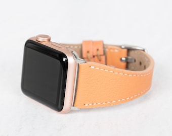 Persikofärgat läderarmband för Apple Watch: Vitt sömmar iWatch-armband