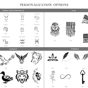 May include: A black and white graphic design chart with personalisation options for a product. The chart includes zodiac signs, animals, flags, and symbols. The chart is labelled "Personalisation Options".