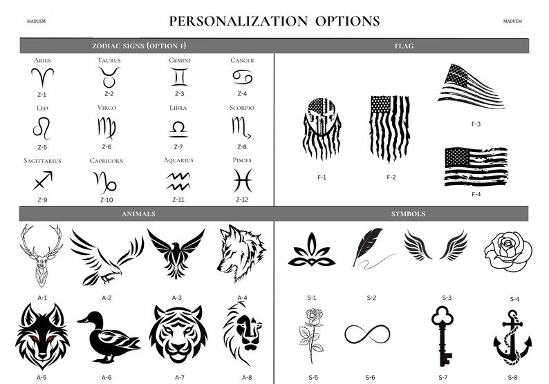 May include: A black and white graphic design chart with personalisation options for a product. The chart includes zodiac signs, animals, flags, and symbols. The chart is labelled "Personalisation Options".