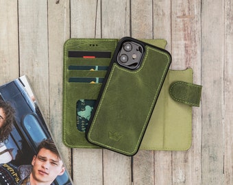 Personalisierte iPhone 12 Mini Lederhülle mit Kartenfächern, 12 Mini (5,4 Zoll) magnetischer abnehmbarer Lederhülle, 12 Mini iPhone Brieftasche