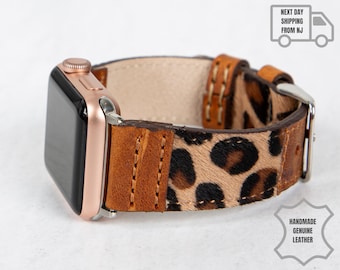 Correa de piel con estampado de leopardo para Apple Watch – Hecha a mano, compatible con todas las series