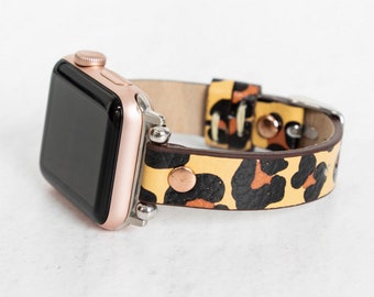 Leopardmönstrat läderarmband för Apple Watch: Handgjort iWatch-armband i fullnarvat läder