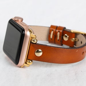 Brown Genuine Premium Leather Slim Apple Watch Band with Gold Details for Women and Men - iWatch Bracelet for All Series - Free Engraving