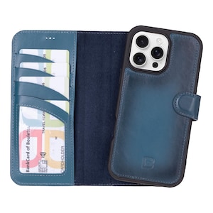 Funda de cuero azul hecha a mano para iPhone 15 y 16, funda tipo billetera magnética desmontable para iPhone 15-16
