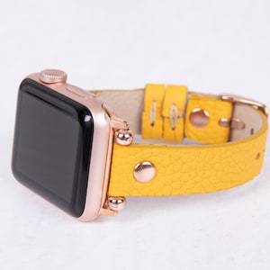 Yellow Handmade Leather Slim Apple and Fitbit Watch Band with Rose Gold Details for Women and Men - Bracelet for All Apple Watch Series