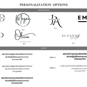 May include: A black and white image showing different monogram and font options for personalisation. The image includes seven different monogram styles and five different font styles. The text in the image reads "Personalisation Options", "Monograms", "Fonts", "Font 1", "Font 2", "Font 3", "Font 4", "Font 5", "ABCDEFGHIJKLMNOPRSTUVWXYZ abcdefghijklmnopqrstuvwxyz 0123456789", "ABCDEFGHIJKLMNOPRSTUVWXYZ abcdefghijklmnopqrstuvwxyz 0123456789", "ABCDEFGHIJKLMNOPRSTUVWXYZ abcdefghijklmnopqrstuvwxyz 0123456789", "ABCDEFGHIJKLMNOPRSTUVWXYZ abcdefghijklmnopqrstuvwxyz 0123456789", "ABCDEFGHIJKLMNOPRSTUVWXYZ abcdefghijklmnopqrstuvwxyz 0123456789".
