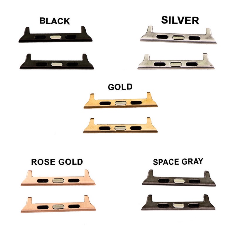Puede incluir: Cinco adaptadores de banda de Apple Watch diferentes en negro, plateado, dorado, oro rosa y gris espacial. Cada adaptador es una peque&ntilde;a pieza de metal con dos agujeros para sujetar una banda de reloj.
