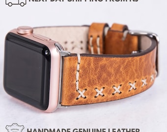 Correa de cuero marrón hecha a mano para Apple Watch – Diseño unisex con costuras