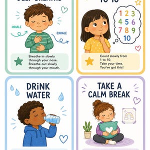 May include: Four educational cards with illustrations and text. Top left: Take Deep Breaths with a boy breathing. Top right: Count to 10 with a girl and numbers. Bottom left: Drink Water with a boy drinking. Bottom right: Take a Calm Break with a girl holding a pillow.