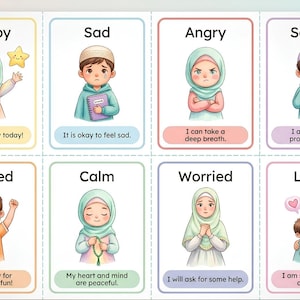 Peut inclure: Un ensemble de huit cartes éducatives sur les émotions illustrées avec des personnages, des étiquettes et des affirmations. Les cartes représentent des sentiments comme Happy, Sad, Angry, Scared, Excited, Calm, Worried et Loved, avec des bordures colorées.
