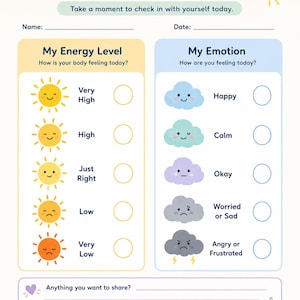 Peut inclure: Une fiche de suivi quotidien intitulée Daily Check-In avec des sections pour le nom, la date, et les niveaux d'énergie illustrés par des soleils. Une seconde section suit les émotions avec des nuages, incluant un espace pour des notes.