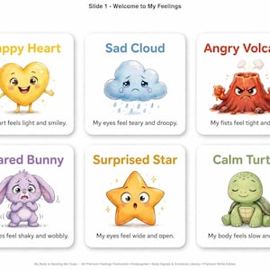 Peut inclure: Un ensemble de six cartes éducatives carrées intitulées Slide 1 - Welcome to My Feelings. Chaque carte présente un personnage représentant une émotion : Happy Heart, Sad Cloud, Angry Volcano, Scared Bunny, Surprised Star et Calm Turtle.