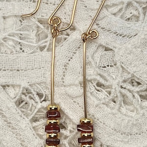 Garnet gold filled earrings, sliced garnet artisan earrings, red dangle earrings, gift for her, birthday for her, gift for mom