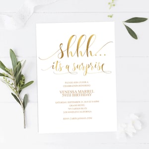 Gold Shhh Surprise Party, ANY AGE, Surprise Birthday, Shhh its a Surprise Invitation, Surprise Birthday Party Invitations, #WP21_70