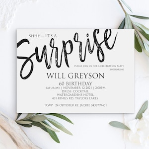 ANY AGE Shhh it&#39;s A Surprise Invitation Template Surprise Party Invitation Elegant Surprise Party Invite Birthday Party Invitation,WP21_45