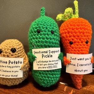 May include: Crocheted plush toys of a potato, pickle, and carrot, each with a smiling face and holding a sign. The potato says "Positive Potato", the pickle says "Emotional Support Pickle", and the carrot says "Just want you to know."