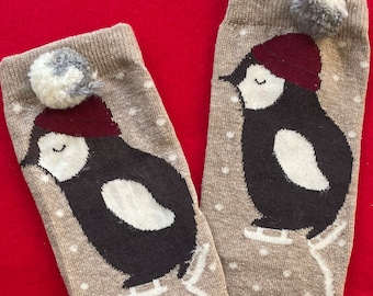 Penguin Socks with Pom pom, Cute Penguin Socks, Winter Theme Socks, Funny Christmas Socks, Socks Gift, Stocking Stuffer, Christmas Gift
