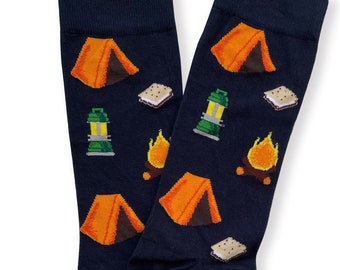 Chaussettes de camping uniques, chaussettes de camp flammes, chaussettes de caravane, chaussettes de camping, cadeau de campeur, cadeau pour lui, chaussettes cool, chaussettes unisexes, chaussettes nature