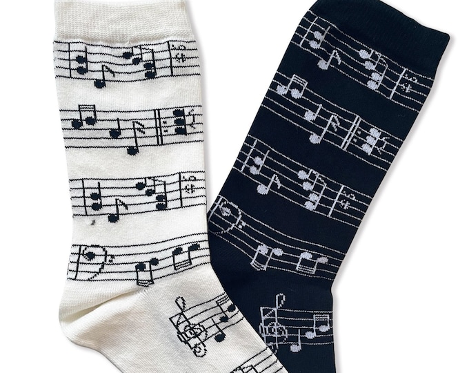 Musical Note Design Socks: White and Black Soft Cotton Footwear, Men’s & Women’s Sizes, Gig Band, Music Teacher, Musician, Singer