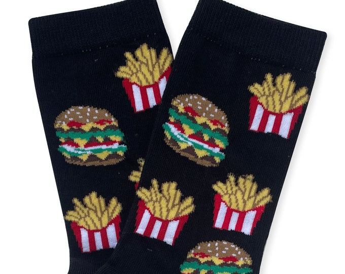 Burger Socks, Burger & Fries Socks, Fast Food Socks, CheeseBurger Socks, Fried Potatoes Socks, Junk Food Socks, Food Socks, Novelty Socks