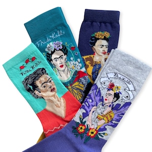 May include: Four pairs of colorful socks with a Frida Kahlo theme. Each sock features a different portrait of Frida Kahlo with flowers and other details. The socks are made of a soft, comfortable material and are perfect for adding a touch of personality to any outfit.