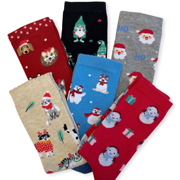 Pretty Christmas Socks, Cute New Year Socks, Christmas Gift for Her, Santa, Reindeers, Elves, Cats, Dogs, Snowmen Design, Stocking Stuffer