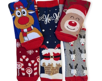 Christmas Theme Socks, Stocking Stuffer, Christmas Socks, Christmas Towelling socks, Funny Reindeer, Santa Claus in Chimney, Ho Ho Ho