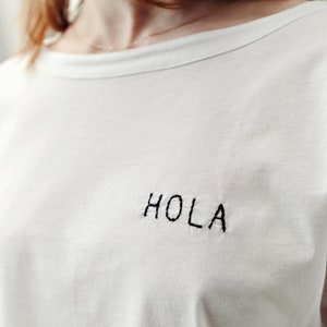 Hola T-Shirt - Hola Embroidery T-Shirt - White T-Shirt - Crop T-Shirt - Designer T-Shirt - Trendy T-Shirt - Loose T-Shirt - Gift for Her