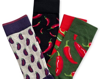 Chaussettes aubergine, motif jalapeno, chaussettes motif petites aubergines, chaussettes fantaisie, chaussettes poivrons, chaussettes légumes, cadeau chef cuisinier, cadeau paysan
