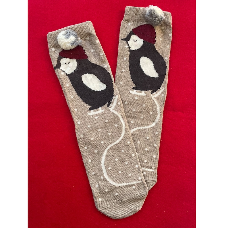 Penguin Socks with Pom pom, Cute Penguin Socks, Winter Theme Socks, Funny Christmas Socks, Socks Gift, Stocking Stuffer, Christmas Gift Milky Brown