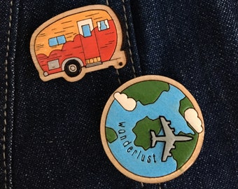 Travel Pins - Caravan Pins - Earth Pins - Wanderlust Badge - Travel Brooch Badge - Handmade Wooden Pins - Gift for Travellers - Gift for Her