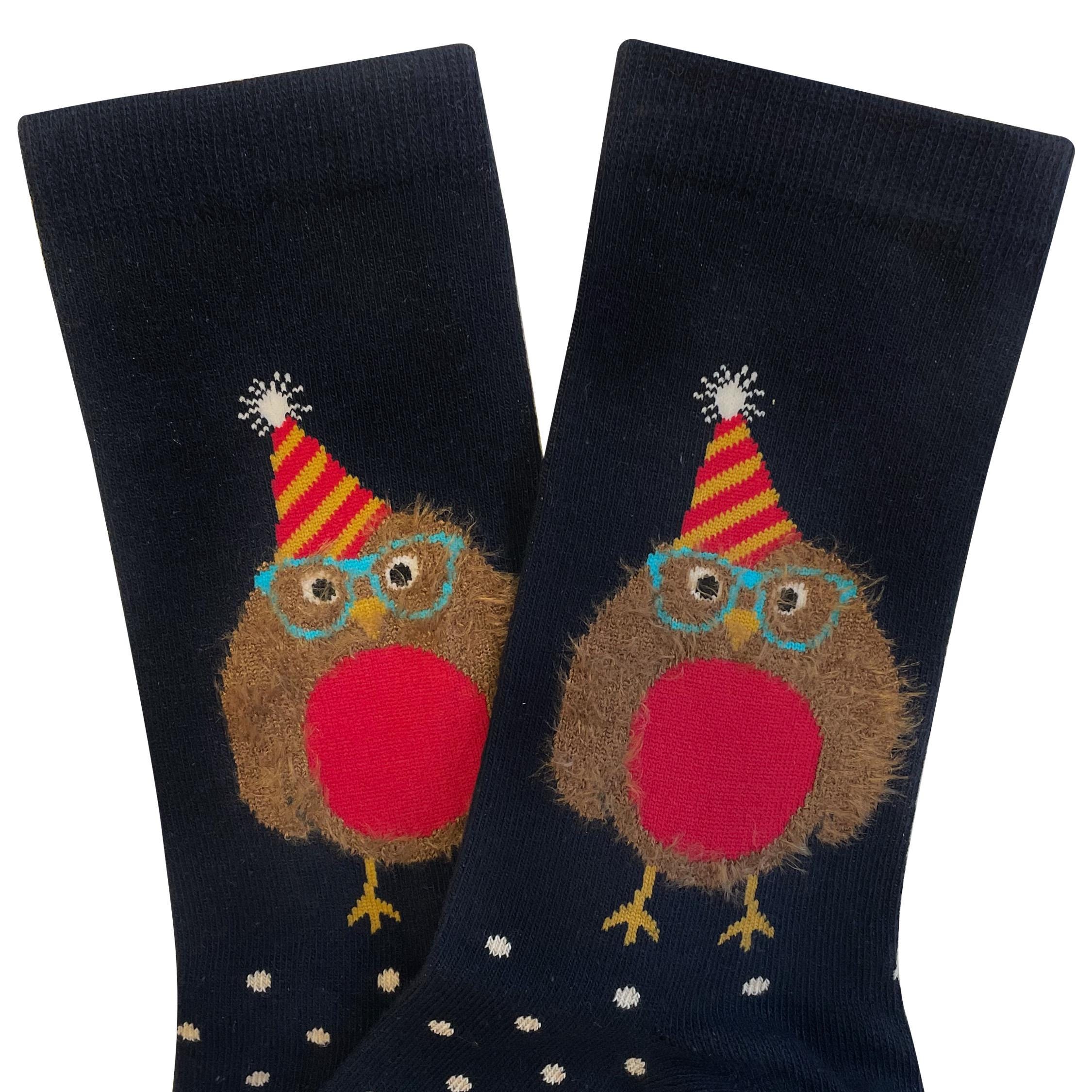 Calzini con motivo a gufo dei cartoni animati - Gufi stravaganti su sfondo blu scuro - Design divertente ispirato alla natura, perfetti per gli amanti dei gufi e stile unico - Italia