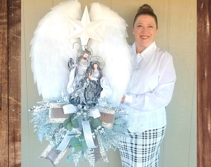 Handcrafted White Angel Wing Nativity Wall Decor, Religious Christmas