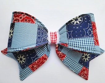 Handmade Wired Fabric Bow, Patchwork Decor, 16"