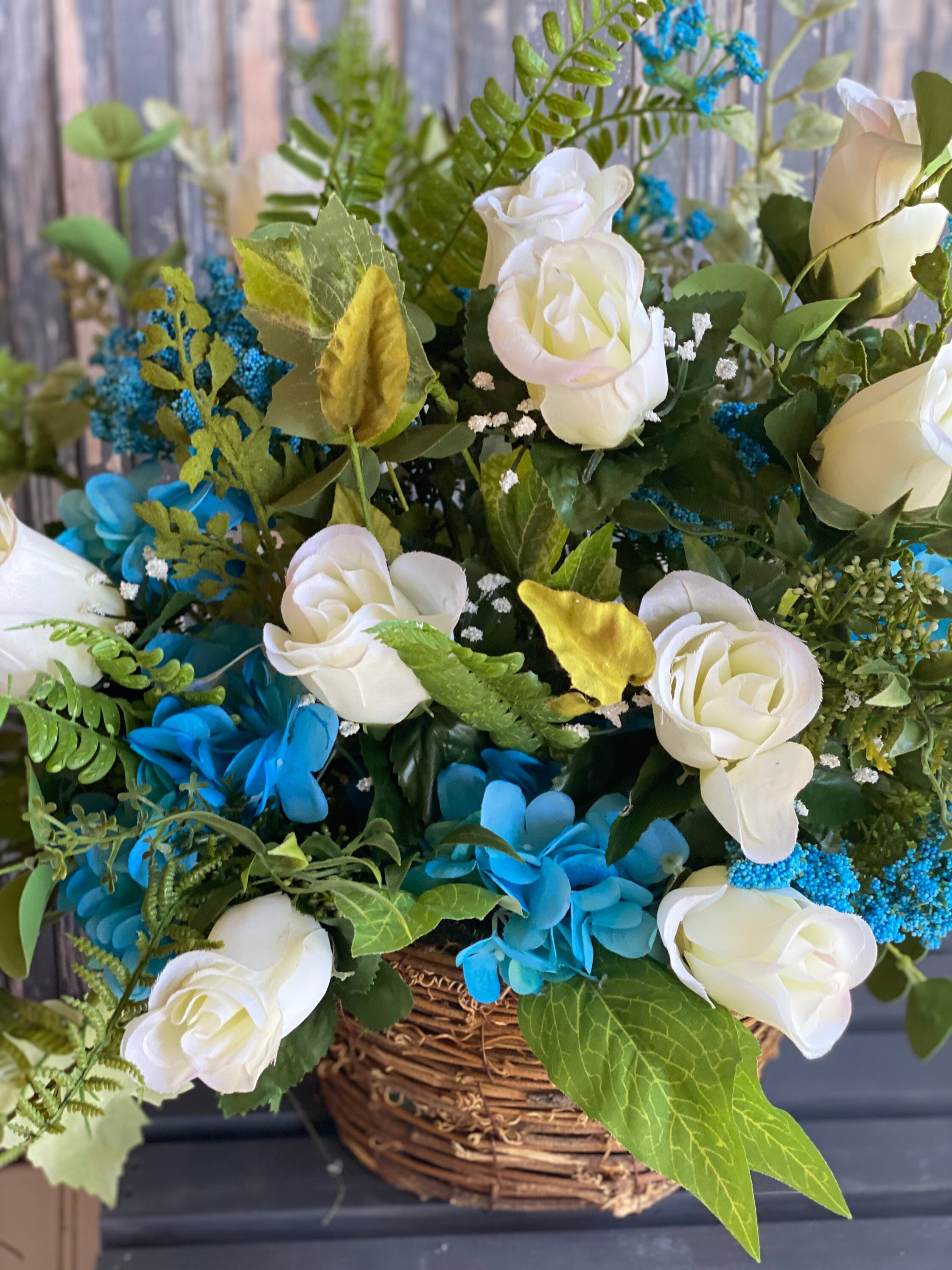 White Roses and Blue Hydrangeas Floral Hanging Basket Flower | Etsy