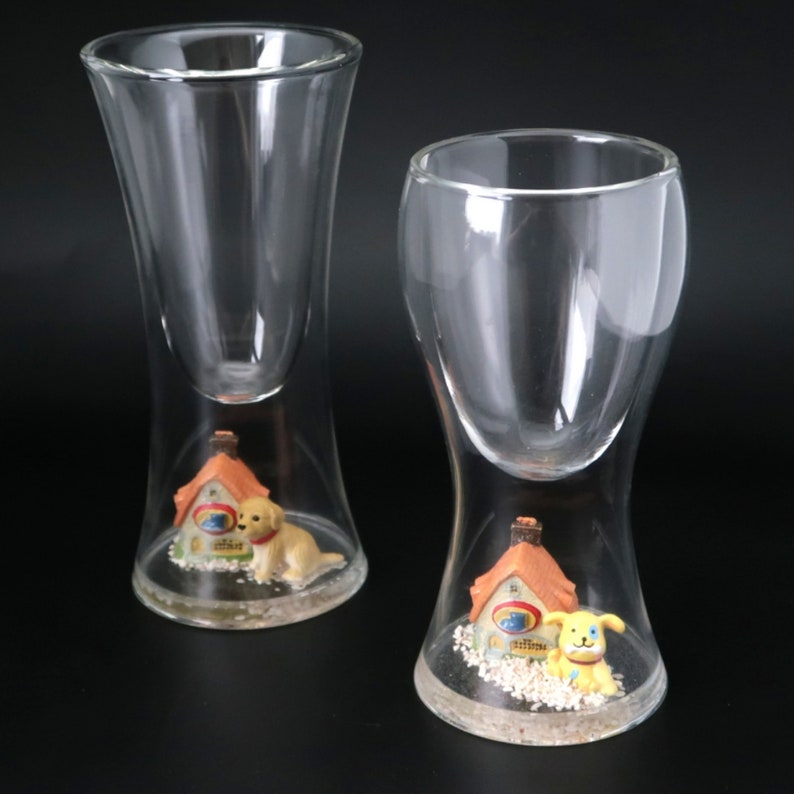 Glass Double Wall Tumbler handcraft lovely house /& Puppy figure on base 6.6 oz 200 ml
