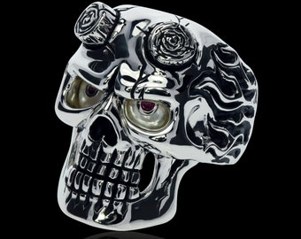 Ultieme kracht, 925 sterling zilveren handgemaakte schedelring, handgemaakte schedelring voor mannen, bokser bebaarde schedel bikerring, piraatschedelring.