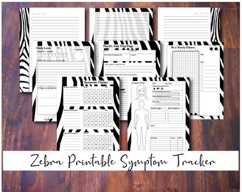 May include: Printable symptom tracker pages with a zebra print design. The pages include sections for daily love, pre-doctor visit prep, at a yearly glance, and symptom tracker.