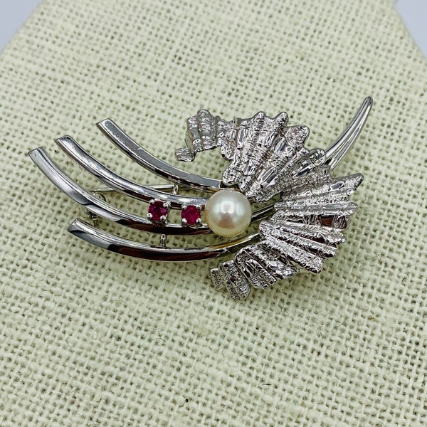 14k Moser+Pfeil Pearl Ruby White Gold Brooch Shooting Star Starburst