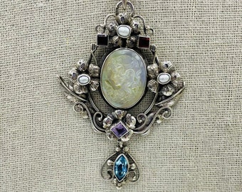 Sterling Silver Victorian Style Cameo Pendant with Amethyst Garnet Topaz Vintage
