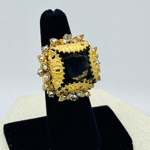 Florenza Topaz Rhinestone Dome Ring Antique Gold Filigree Adjustable Sz 7 Vintage Signed